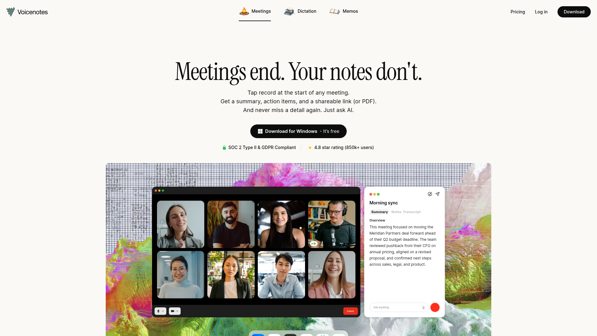 Screenshot of Voicenotes website