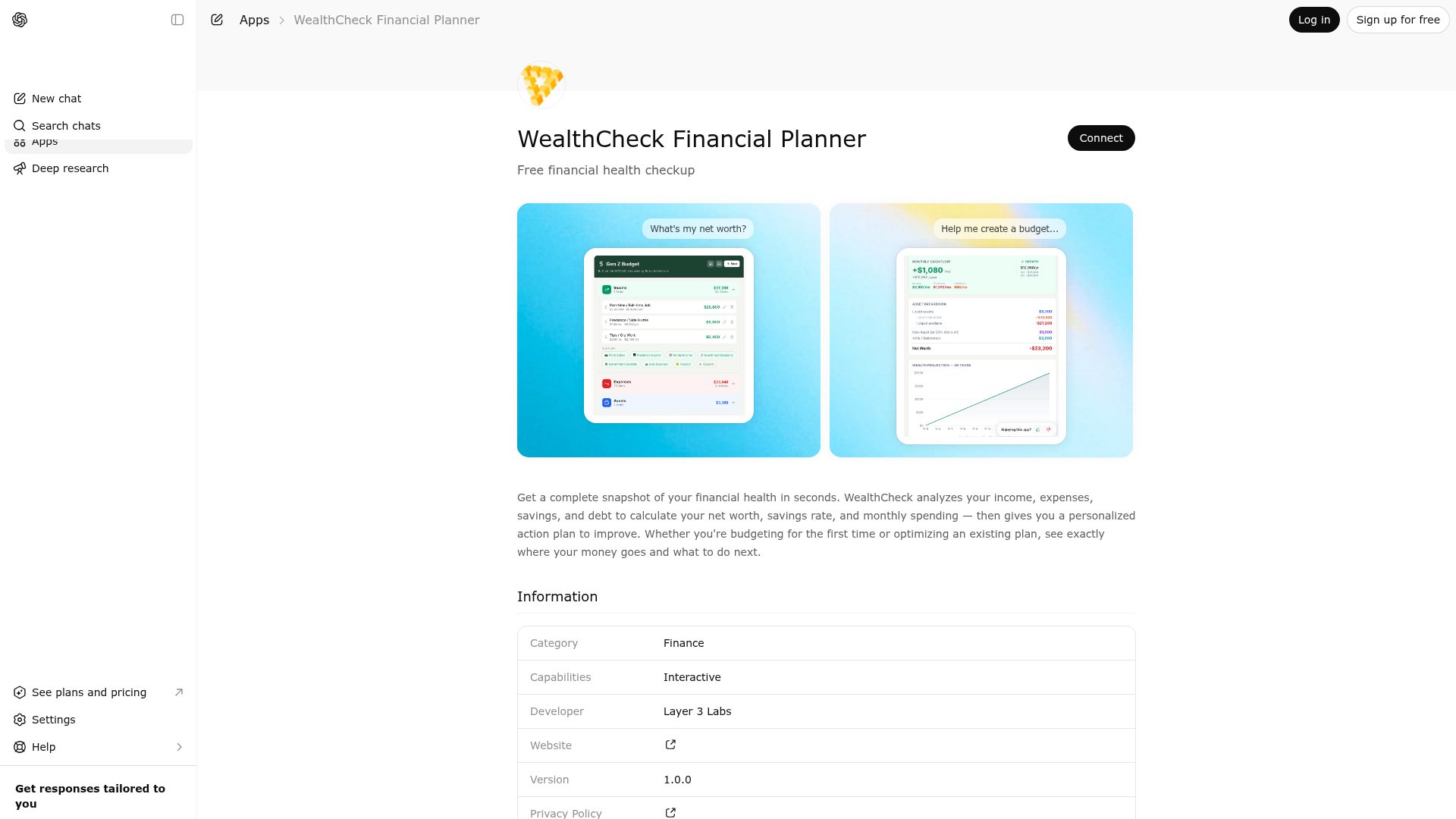 Screenshot of WealthCheck Financial Planner website