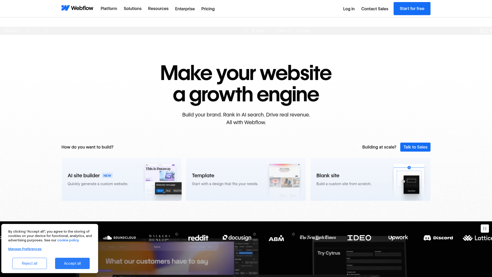 Screenshot of Webflow website