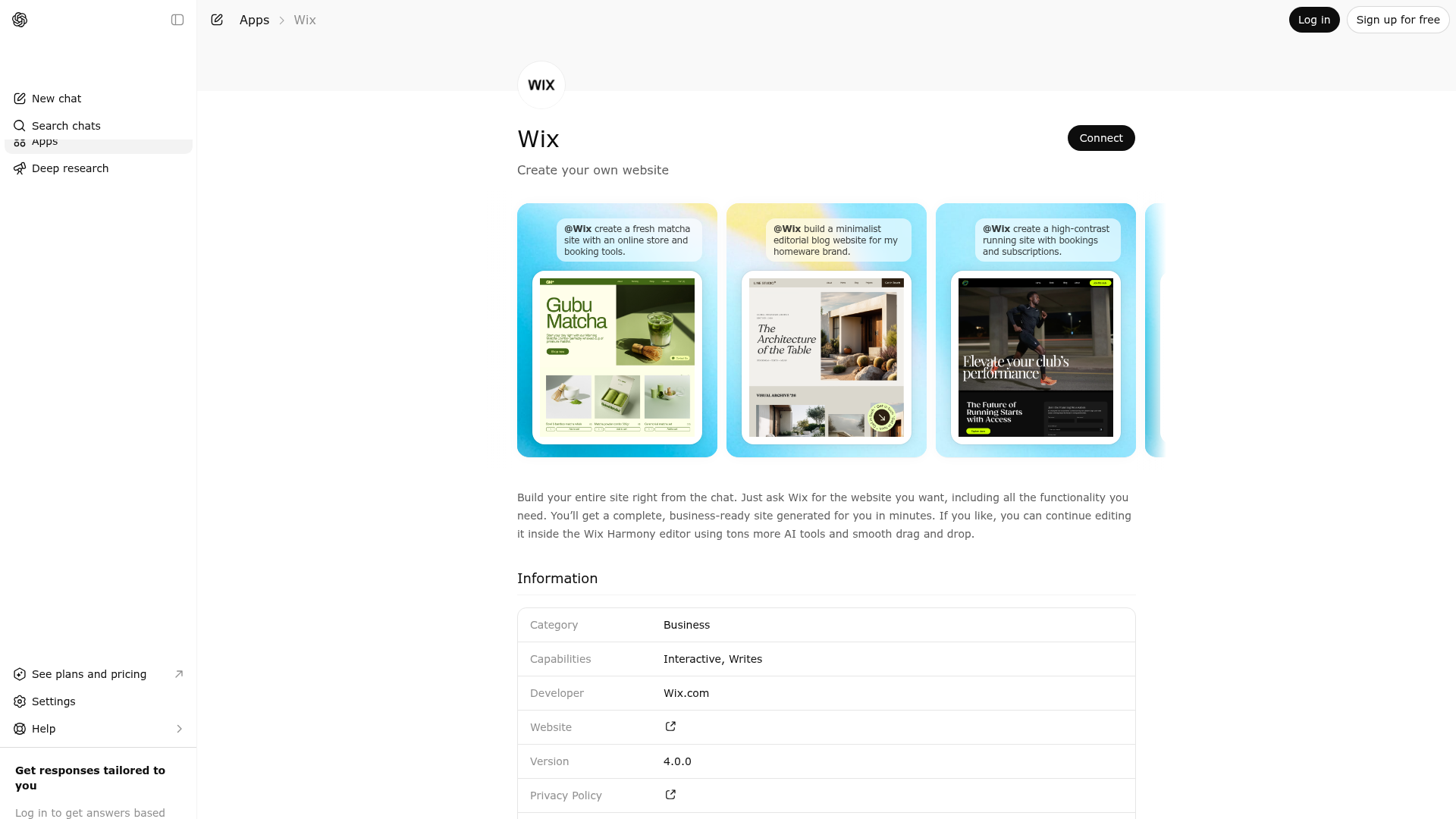 Screenshot of Wix website