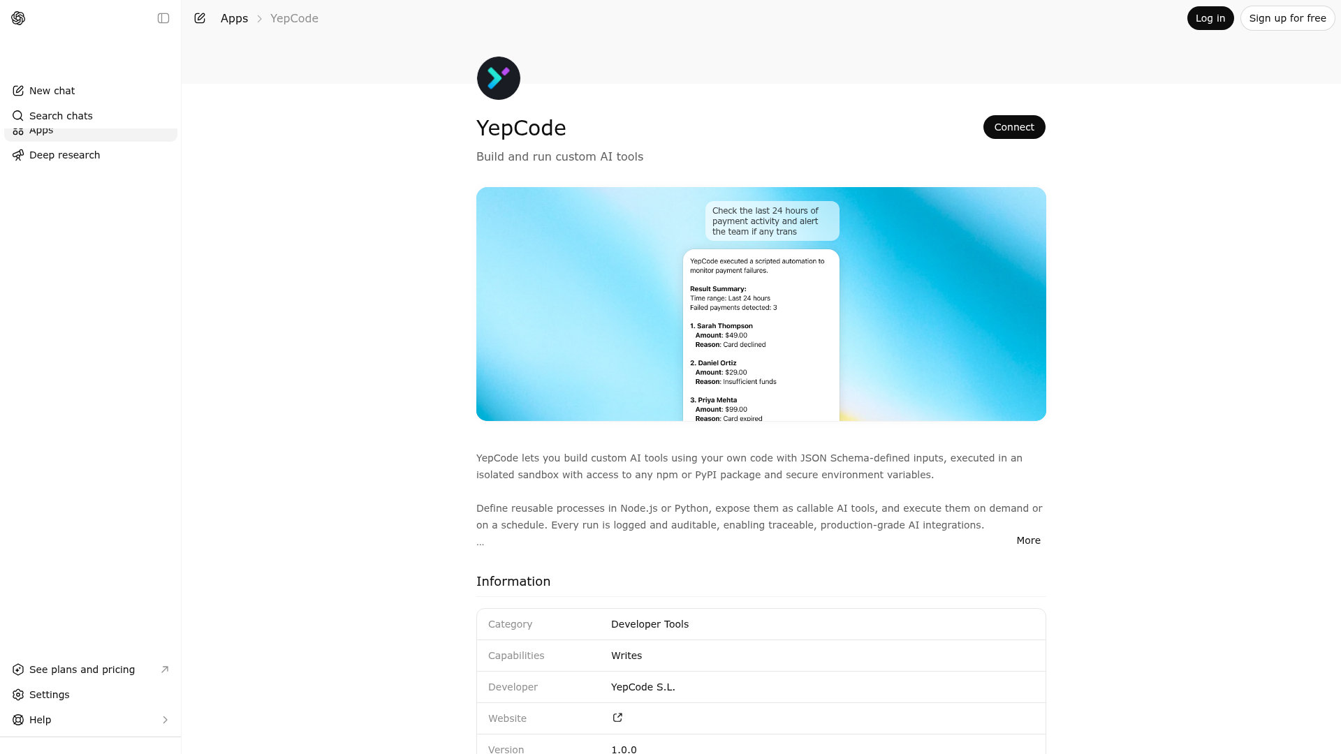 Screenshot of YepCode website