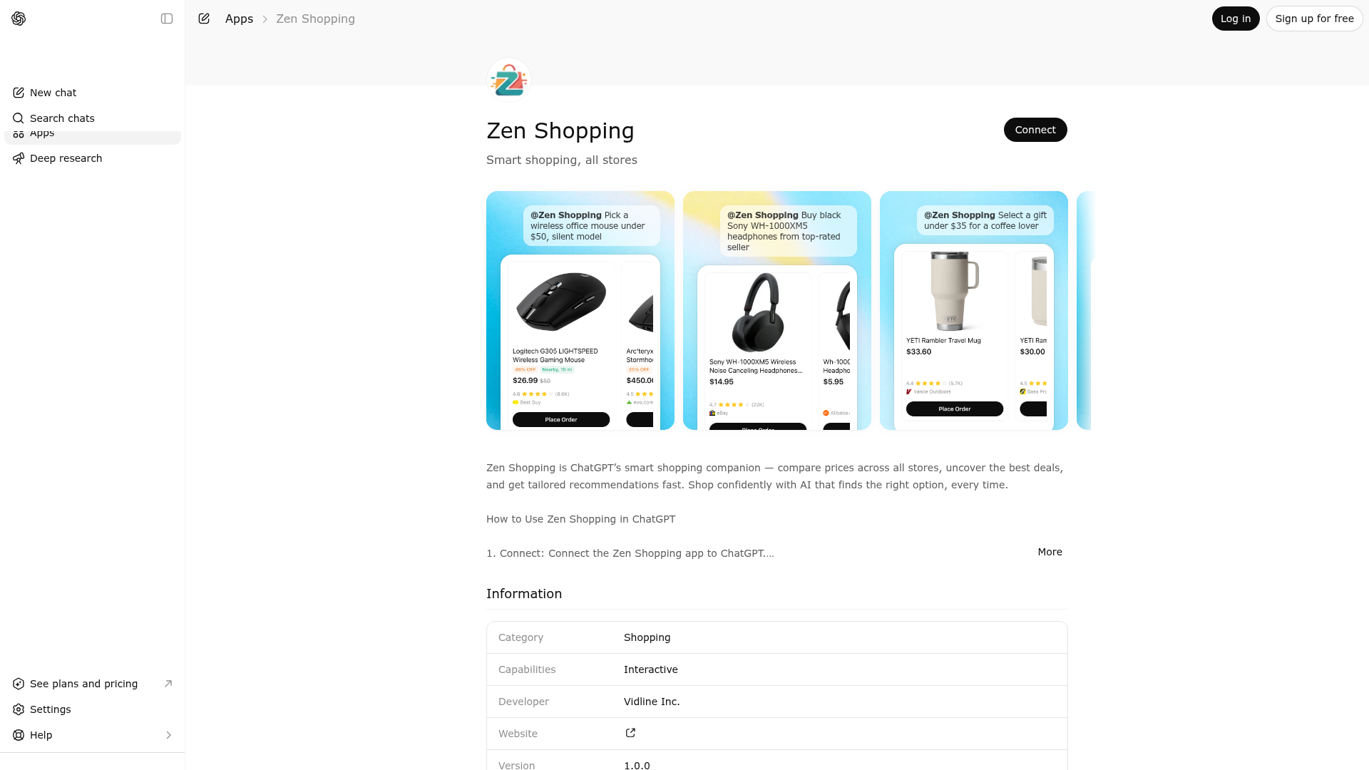 Screenshot of Zen Shopping website