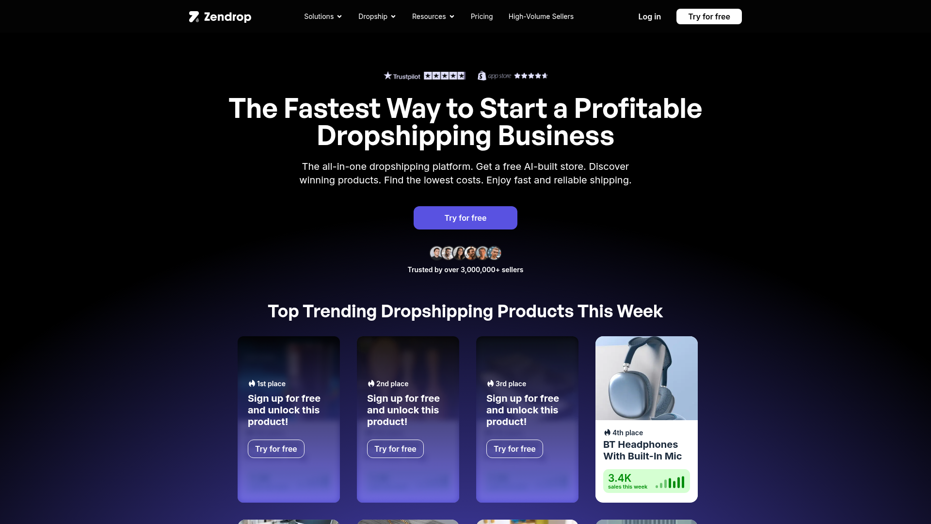 Screenshot of Zendrop website