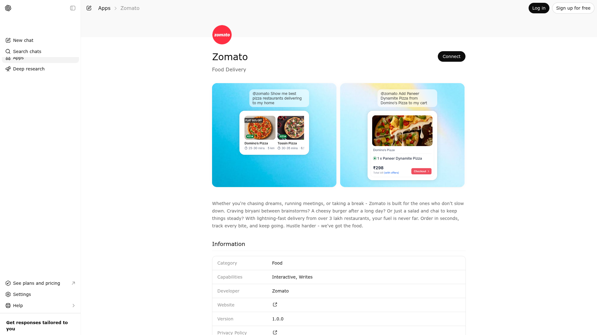 Screenshot of Zomato website