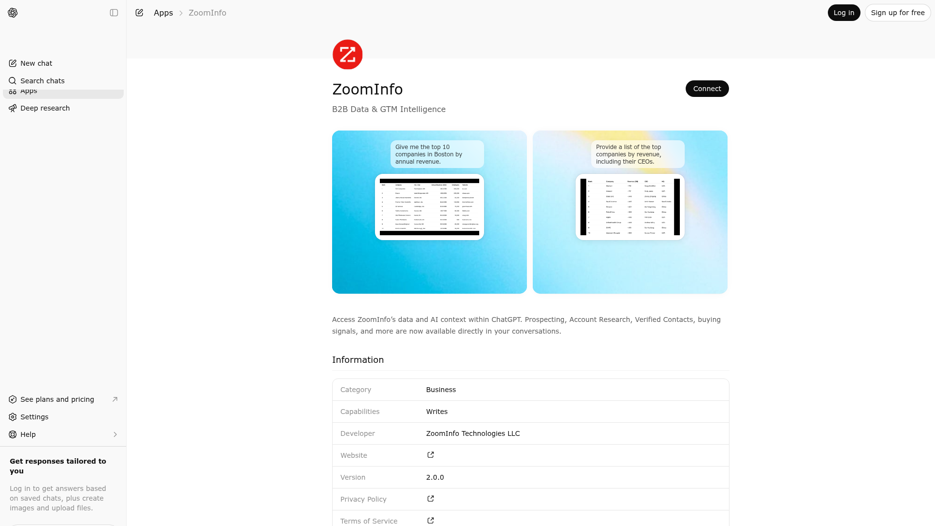 Screenshot of ZoomInfo website