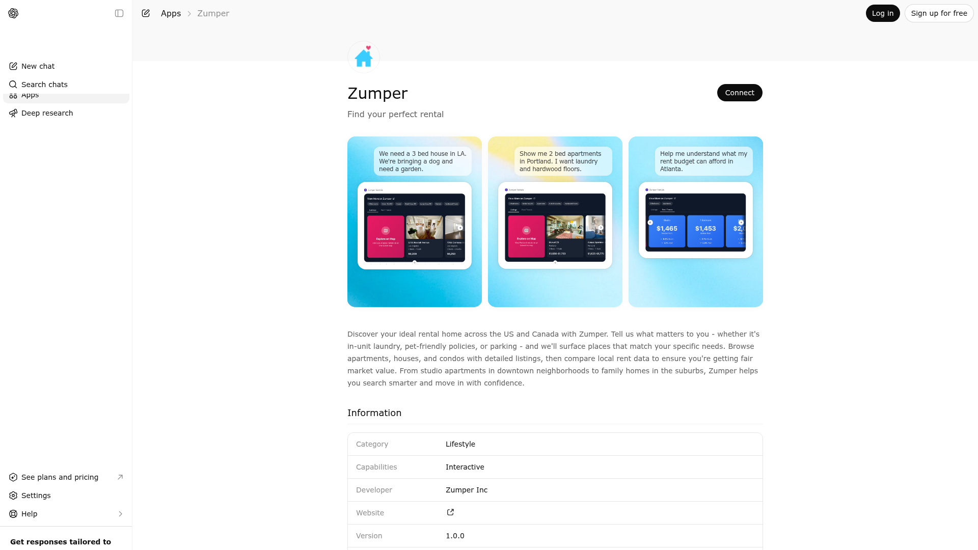 Screenshot of Zumper website